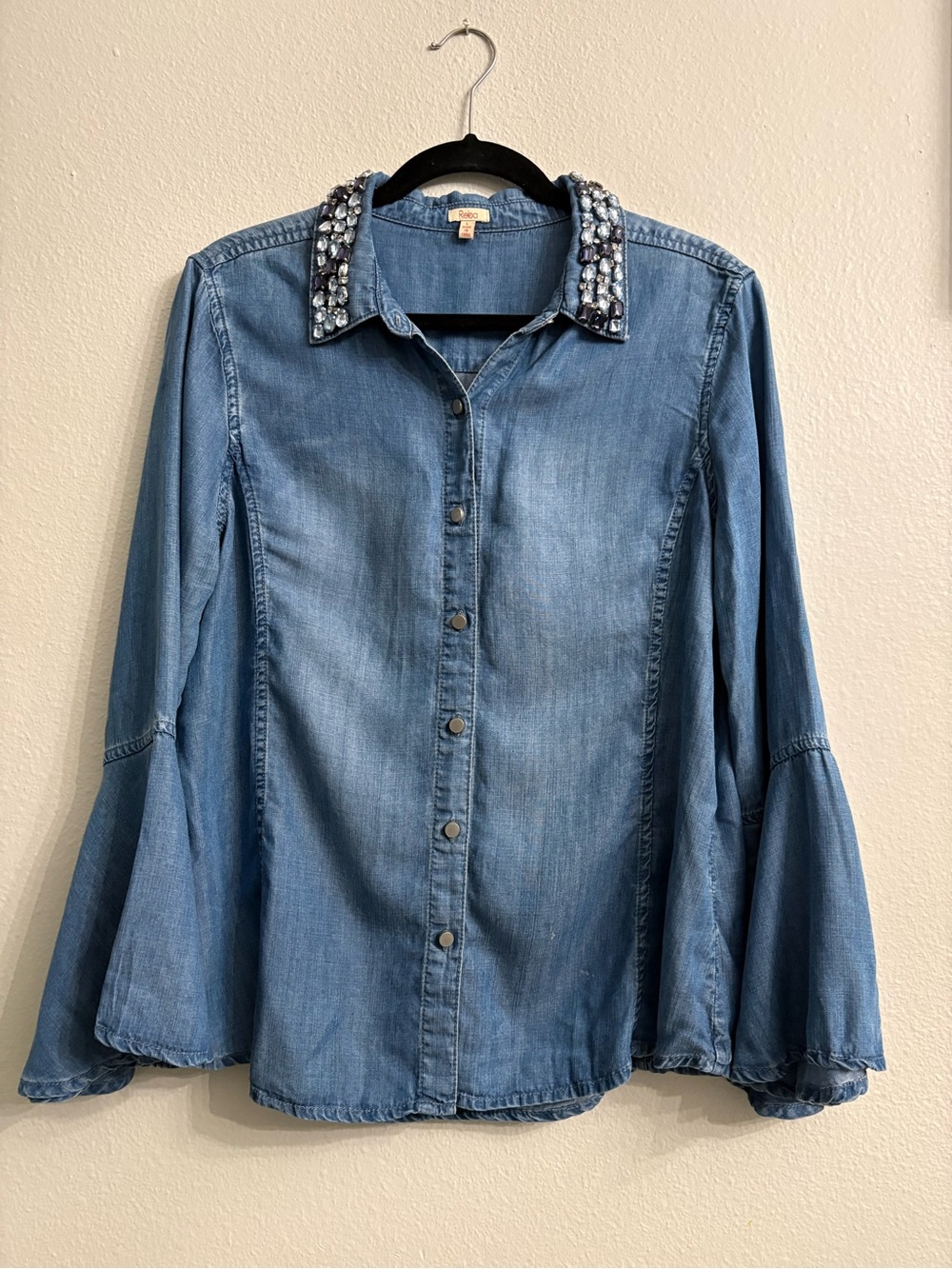 REBA Embellished Collar Denim Button-Front Top - Blue